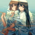  2girls album_cover bird black_eyes black_hair bracelet brown_eyes brown_hair closed_mouth clouds cover from_side happy_valentine hibike!_euphonium highres hug hug_from_behind jewelry kousaka_reina looking_at_viewer looking_to_the_side multiple_girls neck_ribbon oumae_kumiko pen revision ribbon shirt sleeves_rolled_up upper_body valentine white_shirt zicai_tang 