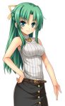  1girl belt black_skirt eyebrows_visible_through_hair green_eyes green_hair hair_ribbon hand_on_hip higurashi_no_naku_koro_ni long_hair looking_at_viewer rato ribbon shirt skirt sleeveless sleeveless_shirt smile solo sonozaki_mion standing striped striped_shirt transparent_background vertical-striped_shirt vertical_stripes yellow_ribbon 