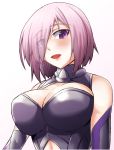  1girl bare_shoulders breasts cleavage cleavage_cutout elbow_gloves eyes_visible_through_hair fate/grand_order fate_(series) gloves hair_over_one_eye ken_tatsuki large_breasts leotard navel navel_cutout purple_gloves purple_hair shielder_(fate/grand_order) short_hair smile solo violet_eyes 