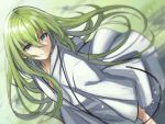  1boy androgynous dress enkidu_(fate/strange_fake) fate/grand_order fate/strange_fake fate_(series) green_eyes green_hair grey_eyes highres long_hair male_focus robe shimo_(s_kaminaka) smile solo trap wallpaper white_dress 