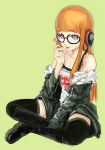  1girl glasses long_hair looking_at_viewer orange_hair persona persona_5 sakura_futaba simple_background smile solo violet_eyes 