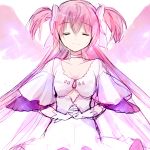  1girl absurdres breasts choker cleavage closed_eyes dress gloves goddess_madoka hair_ribbon hands_clasped highres kaname_madoka long_hair mahou_shoujo_madoka_magica misteor pink_hair raised_eyebrows ribbon short_twintails sketch small_breasts solo twintails under_boob upper_body white_background wide_sleeves wings 