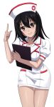  1girl black_hair brown_eyes collarbone cowboy_shot dress hair_between_eyes hat head_tilt himeragi_yukina holding index_finger_raised long_hair looking_at_viewer nurse nurse_cap short_dress short_sleeves smile solo standing strike_the_blood transparent_background white_dress 