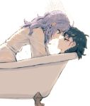  2girls bathtub black_hair blue_eyes bra bright_background claw_foot_bathtub expressionless face-to-face forehead-to-forehead from_side girl_on_top green_eyes half-closed_eyes incipient_kiss kumoi_ichirin long_hair looking_at_another lying meitei multiple_girls murasa_minamitsu on_back panties purple_hair see-through short_hair touhou underwear upper_body water water_drop wet wet_clothes wet_hair white_background yuri 