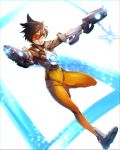  1girl blue_background bodysuit brown_hair commentary_request dual_wielding elbow_gloves gloves glowing goggles gun hair_between_eyes handgun harness holding holding_gun holding_weapon knee_up long_sleeves looking_at_viewer navel open_mouth overwatch pistol shoes short_hair skindentation smile solo sparkle tight tomoyohi tracer_(overwatch) unitard weapon white_background 