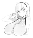  1girl arm_up bare_shoulders breasts cleavage dagashi_kashi hairband large_breasts looking_at_viewer monochrome nuezou shidare_hotaru simple_background sketch solo upper_body white_background 
