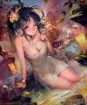  1girl arm_support black_hair blurry bow bracelet breasts cleavage depth_of_field dutch_angle evening fence floral_print hair_bow hair_ornament jewelry large_breasts leaf liduke lips looking_at_viewer maple_leaf naked_towel one_eye_closed onsen outdoors parted_lips partially_submerged ponytail red_eyes sengoku_saga sidelocks smile solo towel tree violet_eyes wet wooden_fence 