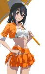  1girl black_hair blush bow breasts brown_eyes cleavage collarbone cowboy_shot crop_top groin hair_bow himeragi_yukina holding holding_umbrella jacket layered_skirt long_hair looking_at_viewer medium_breasts midriff miniskirt navel open_clothes open_jacket orange_jacket orange_skirt racequeen shiny shiny_skin skirt smile solo standing stomach strike_the_blood tank_top transparent_background umbrella 