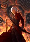  1boy archer bow_(weapon) brown_eyes clouds cloudy_sky commentary_request cowboy_shot dark_skin dark_skinned_male fate/stay_night fate_(series) from_below harafha holding_bow_(weapon) planted_weapon profile sky solo standing sunlight sword unlimited_blade_works weapon white_hair 