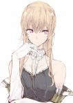 1girl bare_shoulders blonde_hair breasts earrings elbow_gloves gloves highres jewelry large_breasts long_hair original pointy_ears simple_background solo touma_kisa violet_eyes white white_background 