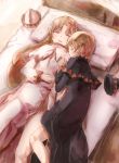  2girls bed black_dress blonde_hair capelet closed_eyes dress hat hat_removed headwear_removed lily_black lily_white long_hair multiple_girls short_hair sleeping touhou white_dress yohane 