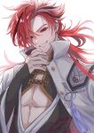  1boy absurdres earrings fate/grand_order fate_(series) grin highres holding japanese_clothes jewelry long_hair looking_at_viewer male_focus mmgmde multicolored_hair red_eyes redhead simple_background smile solo streaked_hair takasugi_shinsaku_(fate) tassel two-tone_hair upper_body white_background white_hair 