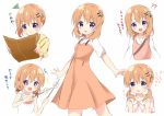  +_+ 1girl :d :o ?? bangs blush closed_mouth dress eyebrows_visible_through_hair flower food gochuumon_wa_usagi_desu_ka? hair_flower hair_ornament hairclip hands_up holding holding_food hoto_cocoa low_twintails multiple_views nagomi_yayado open_mouth orange_dress pink_flower plaid plaid_dress reading s&#039;more short_sleeves short_twintails side_ponytail simple_background smile squiggle standing sweatdrop tareme twintails white_background 