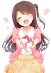  1girl :d ^_^ bangs blouse blush brown_hair cardigan chikuwa. closed_eyes eyebrows_visible_through_hair gift heart heart-shaped_box heart_necklace holding holding_gift idolmaster idolmaster_cinderella_girls incoming_gift long_hair looking_at_viewer one_side_up open_mouth shimamura_uzuki sidelocks simple_background skirt sleeves_past_elbows smile solo swept_bangs teeth upper_body valentine wavy_hair white_background white_blouse yellow_skirt 