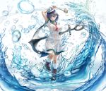  1girl anchor aqua_eyes arm_behind_head arm_up bare_arms black_hair blurry breasts covered_navel depth_of_field erect_nipples full_body hand_up hat head_tilt highres hishaku holding looking_at_viewer medium_breasts murasa_minamitsu no_bra one_leg_raised sailor sailor_collar sailor_hat see-through shirt shoes short_sleeves shorts socks solo standing standing_on_one_leg touhou water water_drop wet wet_clothes wet_hair wet_shirt wet_shorts 