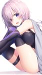  1girl bare_shoulders between_breasts blush bodysuit breasts elbow_gloves eyebrows_visible_through_hair fate/grand_order fate_(series) from_side gloves highres looking_at_viewer medium_breasts pink_hair shielder_(fate/grand_order) shima_(shima_je) short_hair simple_background sitting skindentation solo thigh-highs thigh_strap violet_eyes white_background 