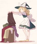  1girl apron black_skirt blonde_hair bow full_body hat hat_bow kirisame_marisa laundry laundry_basket long_hair puffy_short_sleeves puffy_sleeves short_sleeves skirt skirt_set sock_dangle socks solo standing touhou vest white_bow witch_hat yamamomo_(plank) yellow_eyes yellow_legwear 