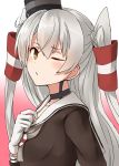  1girl ;o amatsukaze_(kantai_collection) brown_eyes choker gloves gradient gradient_background highres kamelie kantai_collection long_hair looking_at_viewer one_eye_closed pink_background silver_hair solo two_side_up upper_body white_background white_gloves 