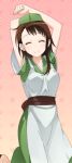  1girl arms_up brown_hair closed_eyes dress green_dress green_hat grey_apron hat nisekoi one_leg_raised onodera_kosaki short_hair short_sleeves smile solo standing 