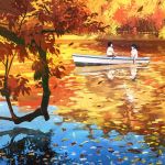  1boy 1girl autumn autumn_leaves blurry boat commentary_request gemi lake leaf long_hair original paddle railing reflection ripples rowboat rowing shirt short_sleeves sitting tree water watercraft white_shirt 
