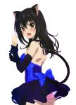  1girl :d animal_ears black_gloves black_hair blue_bow blue_dress blush bow breasts brown_eyes cat_ears cowboy_shot dress elbow_gloves from_behind gloves hair_bow highres himeragi_yukina long_hair looking_at_viewer looking_back medium_breasts open-back_dress open_mouth panties pink_panties short_dress sideboob sleeveless sleeveless_dress smile solo standing strike_the_blood striped striped_panties transparent_background underwear 