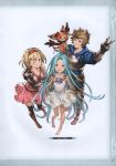  1boy 2girls absurdres bangs barefoot blonde_hair blue_eyes blue_hair boots bridal_gauntlets brown_eyes djeeta_(granblue_fantasy) dress gauntlets gran_(granblue_fantasy) granblue_fantasy hairband highres knee_boots long_hair looking_at_viewer looking_up lyria_(granblue_fantasy) minaba_hideo multiple_girls one_eye_closed open_mouth pants pink_dress scan short_dress simple_background standing thigh-highs v vee_(granblue_fantasy) zettai_ryouiki 