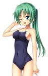  1girl :d blue_swimsuit breasts collarbone covered_navel cowboy_shot eyebrows_visible_through_hair green_eyes green_hair hand_in_hair higurashi_no_naku_koro_ni long_hair medium_breasts open_mouth ponytail rato school_swimsuit shiny shiny_skin sideboob smile sonozaki_shion standing swimsuit transparent_background 