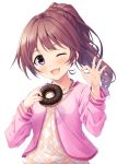  1girl blush brown_hair doughnut food hair_ornament hair_scrunchie hasumi_(hasubatake39) highres idolmaster idolmaster_cinderella_girls jewelry long_hair long_sleeves looking_at_viewer necklace ok_sign one_eye_closed open_mouth ponytail scrunchie shiina_noriko simple_background smile solo violet_eyes white_background 