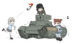  10s 3girls aki_(girls_und_panzer) bottle caterpillar_tracks crying girls_und_panzer ground_vehicle gun jacket katyusha keizoku_military_uniform mikko_(girls_und_panzer) military military_uniform military_vehicle miniskirt molotov_cocktail motor_vehicle multiple_girls open_mouth pleated_skirt pravda_school_uniform school_uniform short_hair skirt smile soviet tank twintails uniform vehicle weapon wood 