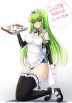  1girl 2017 apron blush breasts c.c. code_geass dated detached_sleeves green_hair highres kneeling lace lace-trimmed_apron lace-trimmed_thighhighs large_breasts looking_at_viewer maid_apron pizza_box school_swimsuit solo swimsuit thigh-highs thighs white_background yu-ta 