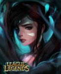  1girl bare_shoulders brown_hair chromatic_aberration copyright_name ear_piercing eyebrows eyelashes eyeshadow facial_mark fang fang_out from_behind green_eyes jewelry kyung_han_kim league_of_legends lips long_hair looking_at_viewer looking_back makeup nidalee nose piercing ponytail portrait revision ringed_eyes solo tribal 