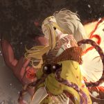 1girl bare_shoulders blonde_hair commentary_request earrings facial_mark fate/grand_order fate_(series) fiery_wings fingernails fire floral_print highres holding holding_weapon horns ibaraki_douji_(fate/grand_order) japanese_clothes jewelry leaf leaf_background long_hair looking_at_viewer off_shoulder oni oni_horns parted_lips pointy_ears profile rerubixi rope sharp_fingernails slit_pupils solo tiger_stripes weapon yellow_eyes 