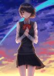  1girl blush brown_eyes brown_hair clouds cloudy_sky hair_over_one_eye highres kimi_no_na_wa light_smile miyamizu_mitsuha neck_ribbon red_ribbon ribbon skirt sky solo star_(sky) vest wenhe wrist_grab 