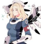  1girl alternate_costume alternate_hairstyle armband blonde_hair blush hat highres hyoon_(sockgyu) mechanical_wings mercy_(overwatch) overwatch solo white_background wings 