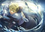  1boy ahoge armor blonde_hair excalibur_(fate/prototype) fate/prototype fate_(series) gauntlets green_eyes looking_at_viewer male_focus multiple_boys pauldrons saber_(fate/prototype) short_hair solo sword teruyumi weapon 