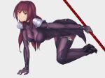  armor armored_boots ass bodysuit boots breasts erect_nipples fate/grand_order fate_(series) gae_bolg high_heels holding holding_weapon long_hair looking_at_viewer pauldrons purple_hair red_eyes scathach_(fate/grand_order) terry_(pixiv3274443) weapon 