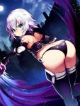  1girl ass assassin_of_black bandage bare_shoulders belt black_legwear black_panties butt_crack commentary_request dagger dual_wielding dutch_angle fate/apocrypha fate/grand_order fate_(series) from_behind full_moon gloves green_eyes highres looking_at_viewer looking_back moon nirai_kanai open_mouth panties reverse_grip scar short_hair silver_hair solo tattoo thigh-highs underwear weapon 