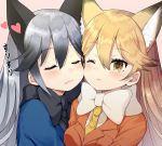  2girls animal_ears black_hair black_necktie blonde_hair blush bow bowtie cheek-to-cheek closed_eyes closed_mouth ezo_red_fox_(kemono_friends) fox_ears hair_between_eyes heart jacket kemono_friends long_hair multicolored_hair multiple_girls necktie one_eye_closed silver_fox_(kemono_friends) silver_hair simple_background upper_body vsi0v yellow_eyes yellow_necktie yuri 