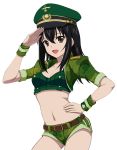  1girl :d arm_up belt black_hair breasts brown_eyes camouflage camouflage_jacket camouflage_shorts cleavage collarbone cowboy_shot crop_top green_hat green_jacket green_shorts hair_between_eyes hand_on_hip hat himeragi_yukina jacket long_hair looking_at_viewer midriff military_hat navel open_clothes open_jacket open_mouth salute short_shorts shorts small_breasts smile solo standing stomach strike_the_blood tank_top transparent_background wrist_cuffs 