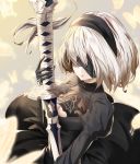  1girl black_dress black_gloves black_hairband blindfold breasts butterfly cleavage cleavage_cutout closed_mouth dress gloves hair_over_eyes hairband holding holding_sword holding_weapon juliet_sleeves katana lips long_sleeves makeup medium_breasts ming_(torga) mole mole_under_mouth nier_(series) nier_automata pink_lips puffy_sleeves ribbed_dress ribbon ribbon-trimmed_dress ribbon_trim short_hair silver_hair solo sword tassel turtleneck upper_body vambraces weapon white_hair yorha_no._2_type_b 