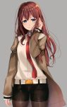  1girl adjusting_hair belt blue_eyes breasts brown_hair collared_shirt cowboy_shot denim denim_shorts grey_background highres jacket long_hair looking_at_viewer makise_kurisu miu91_(miu91_) necktie off_shoulder shirt shorts simple_background solo steins;gate thigh-highs 