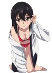  1girl all_fours barefoot bikini black_hair borrowed_garments breasts brown_eyes cleavage collarbone hand_in_hair himeragi_yukina jacket long_hair looking_at_viewer naval open_clothes open_jacket red_bikini shiny shiny_skin small_breasts smile solo strike_the_blood swimsuit transparent_background white_jacket 