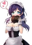  1girl alternate_costume aqua_eyes blush breasts chocolate chocolate_heart cleavage covering_mouth enmaided heart heart-shaped_box large_breasts long_hair love_live! love_live!_school_idol_project maid maid_headdress motokonut purple_hair revision ribbon-trimmed_clothes ribbon_trim simple_background solo speech_bubble spoken_heart toujou_nozomi valentine white_background wrist_cuffs 