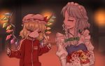  2girls blonde_hair blood bloody_clothes braid closed_eyes commentary flandre_scarlet grey_hair hat izayoi_sakuya meitei mob_cap multiple_girls red_eyes touhou track_suit twin_braids white_hat wings zipper zipper_pull_tab 
