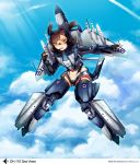  :o blue_eyes brown_hair clouds danielle_brindle fingerless_gloves flying gloves goggles headset jet_engine mecha_musume midriff open_mouth personification rocket sea_vixen sky thigh-highs twintails wings zettai_ryouiki 