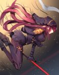  1girl armor ass bodysuit fate/grand_order fate_(series) gae_bolg highres long_hair neko-hime_(neko-hime) polearm profile purple_bodysuit purple_hair red_eyes scathach_(fate/grand_order) shoulder_armor solo spear veil weapon 