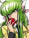  1girl apple breasts c.c. code_geass eating food fruit green_hair izumo_neko long_hair necktie robot_ears school_uniform sketch solo white_background yellow_eyes 