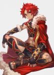 1boy abs alexander_(fate/grand_order) braid cape closed_mouth commentary_request fate/grand_order fate_(series) full_body fur-trimmed_cape fur-trimmed_sleeves fur_trim highres lack long_hair male_focus midriff navel open_toe_shoes red_cape red_eyes redhead shoes simple_background sitting smile solo 
