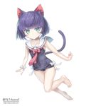  :/ androgynous animal_ears aqua_eyes bangs bare_arms bare_legs barefoot black_swimsuit blunt_bangs bob_cut bow bowtie cat_ears cat_tail closed_mouth collarbone commentary_request covered_navel error expressionless full_body kuroi kuroinyan leg_up looking_at_viewer neckerchief necktie one-piece_swimsuit original pink_bow pink_bowtie pink_neckerchief pink_necktie pixiv_fantasia pixiv_fantasia_new_world plantar_flexion purple_hair ribbon sailor_swimsuit shiny shiny_hair short_hair simple_background solo swimsuit tail twitter_username watermark web_address white_background white_ribbon wristband 