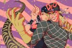  artist_name bandaid bandaid_on_face blonde_hair blue_eyes bow claws cracked_skin diego_brando dinosaur_tail fang feathers fighting_stance finger_gun foreshortening grin hat heart horseshoe johnny_joestar jojo_no_kimyou_na_bouken marion-ville purple_bow scary_monsters_(stand) smile star starry_background steel_ball_run striped striped_background turtleneck wristband yellow_gloes 